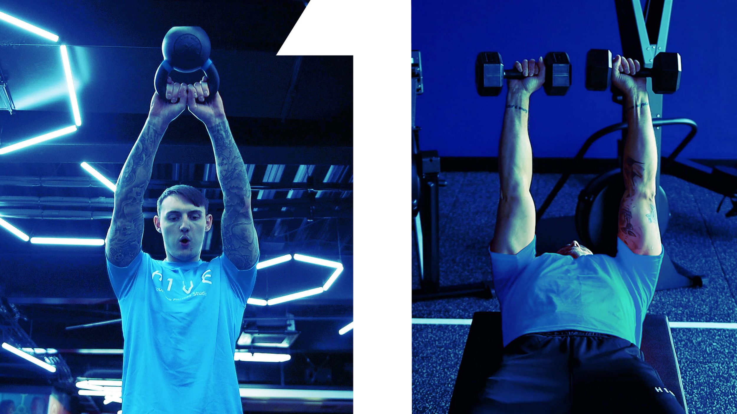 white man lifts a kettlebell in one photo on the left, and is lying down in the right hand phot on a bench, lifting dumbells