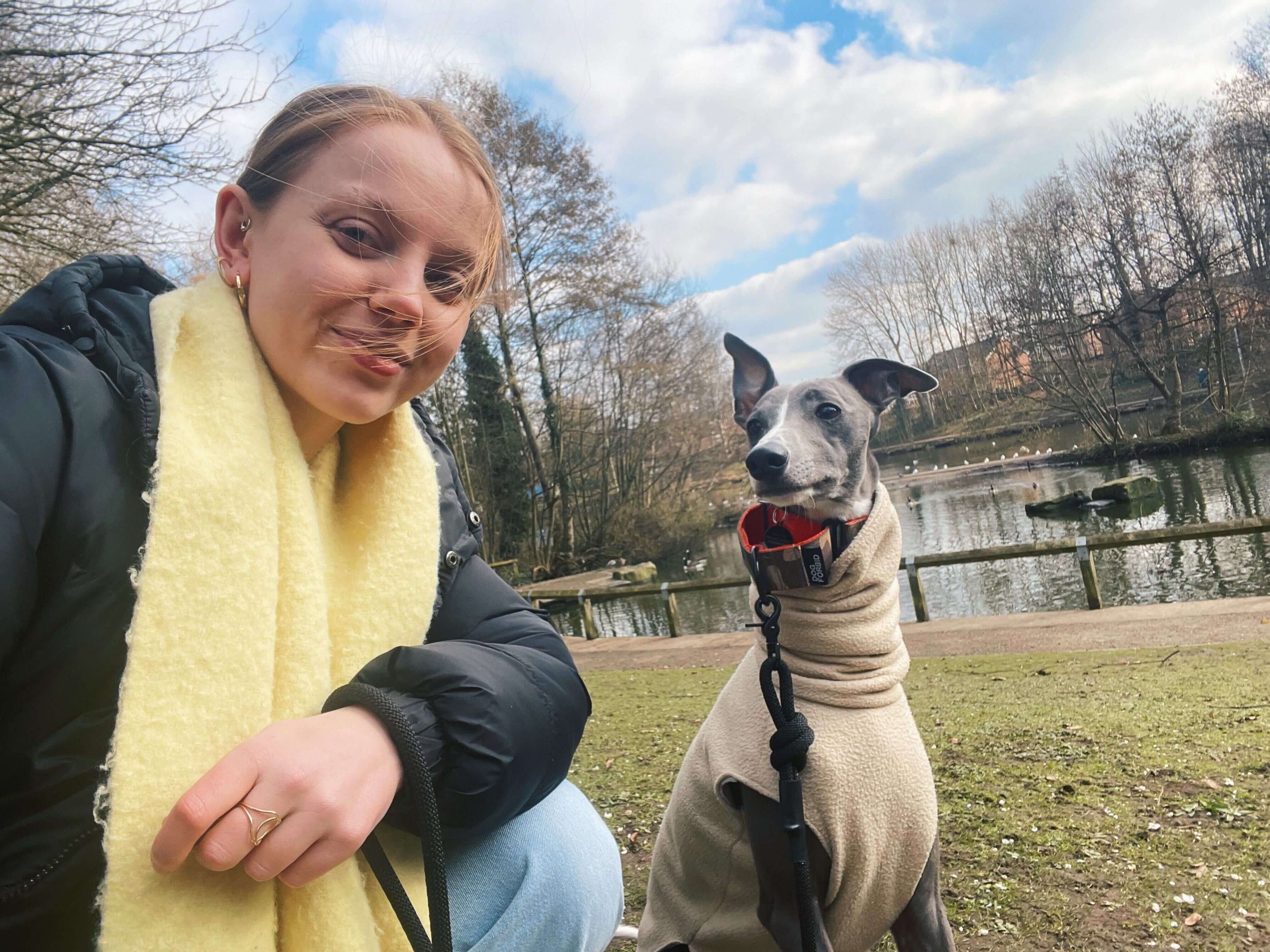 Alice in a yellow scarf with her whippet, Levi, near a lake