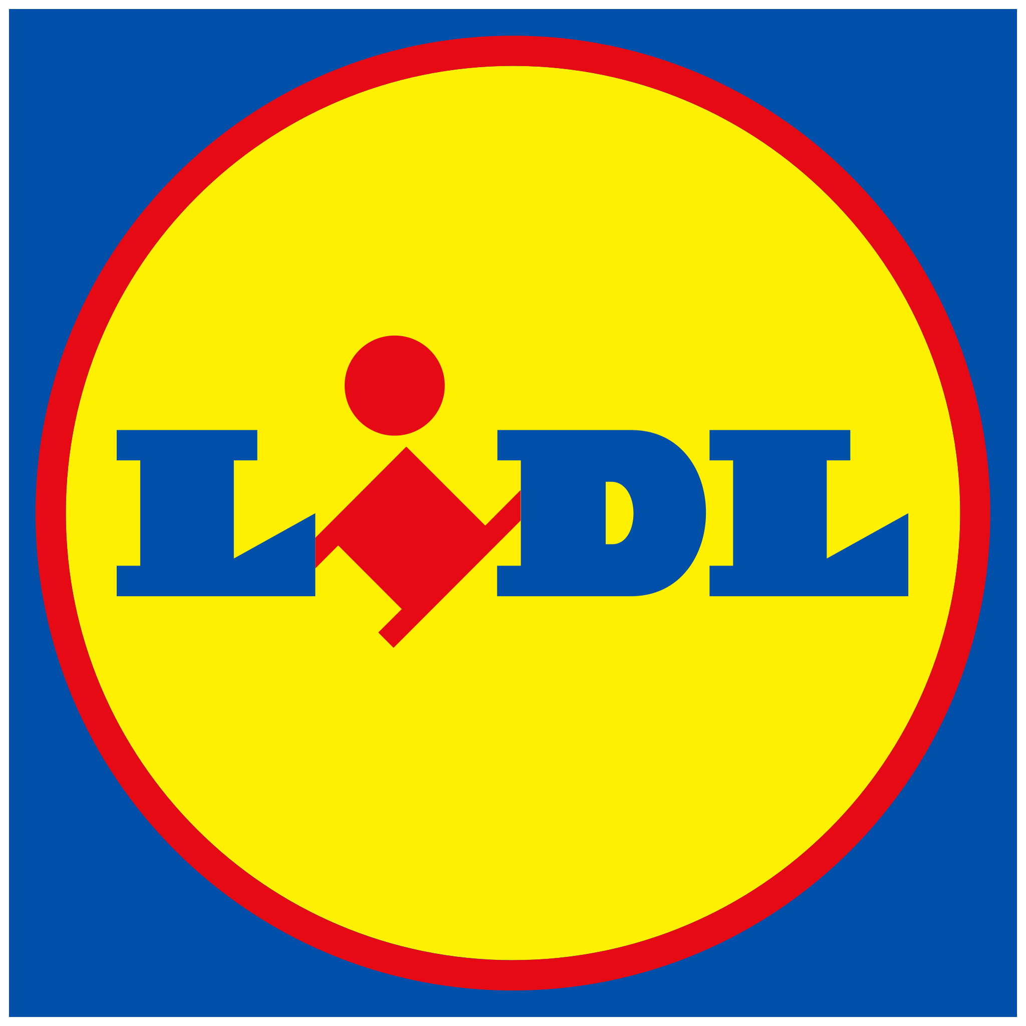 blue square with yellow circle, LIDL in the middle in caps in blue apart from the I which is red