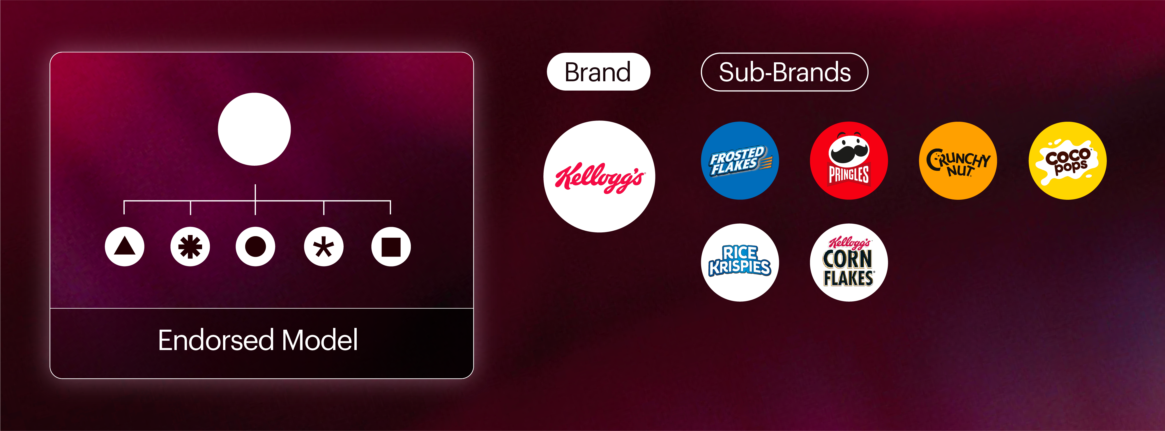 a circle on the left is at the top of a hierarchy of 5 other circles with different shaped inside, representing the association between the parent brand and the new brand. on the right is an example of Kellogs and some of its associated brands like rice krispies and pringles